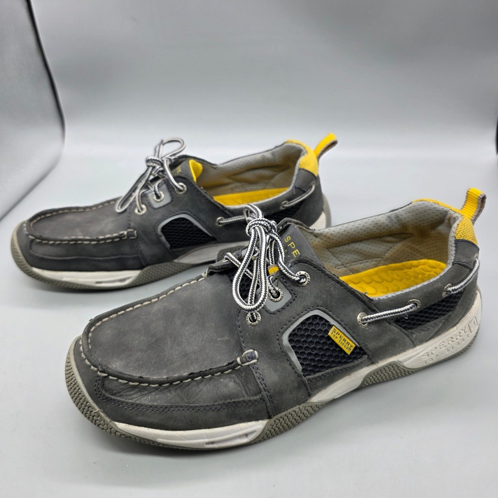 Sperry 7 Seas Boat Shoes Mens 11.5 Grey Yellow Leather Mesh Nautical Outdoor